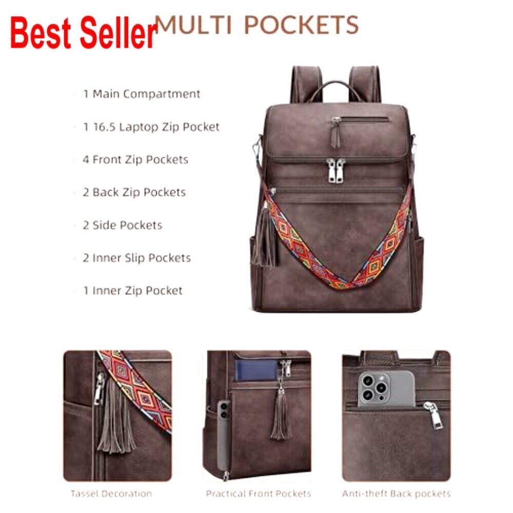 Faux Leather Laptop Backpack for Women with Tassel and Satchel Purse - Picture 6 of 6